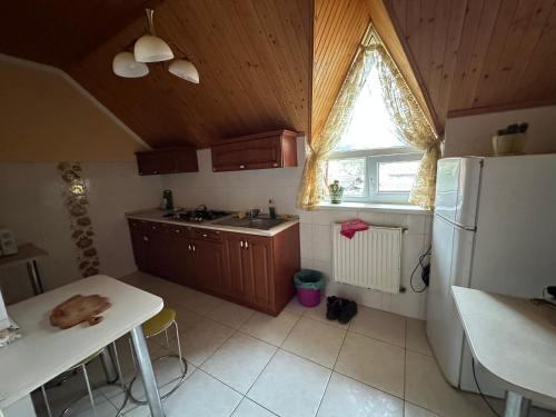 a kitchen with a table and a refrigerator and a window at Вілла Львів in Skhidnitsa