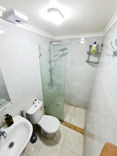 a bathroom with a shower and a toilet and a sink at Luxury Apartment Fes - Family Suites in Fès