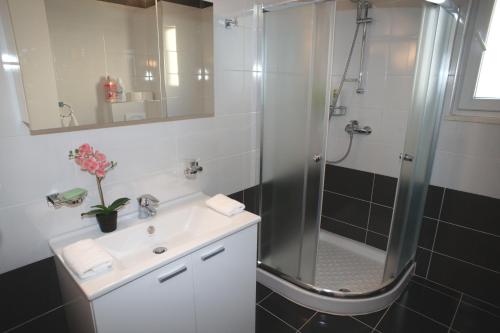 a bathroom with a shower and a sink and a shower at White Residence Luxury Apartments in Sarandë