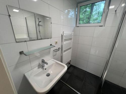 StramproyにあるSemi-detached bungalow 'Muizenoortje' at park Vossevenの洗面台と鏡のある白いバスルーム