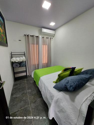 a bedroom with a bed with green sheets and pillows at DEPARTAMENTOs HABY 1 in Paquera