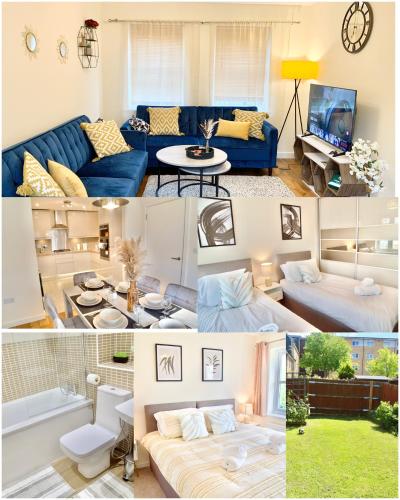 a collage of four pictures of a living room at Spacious Stay made for Contractors & Families ! 3 Bedroom House 2 Bathroom in Reading up to 3 Free Parking !! in Reading
