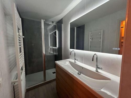 une salle de bain avec lavabo et douche dans l'établissement Studio skis aux pieds, 3 pers, centre Méribel, balcon, TV, fibre - FR-1-180-638, à Les Allues
