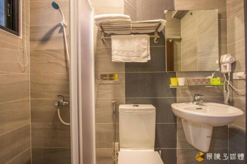 a small bathroom with a toilet and a sink at 馬卡上將民宿 歡唱l麻將l烤肉BBQ in Sanxing
