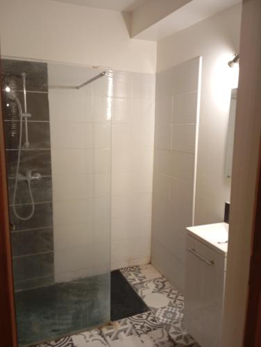 une douche avec une porte vitrée dans une salle de bain dans l'établissement La Forge, à Santilly
