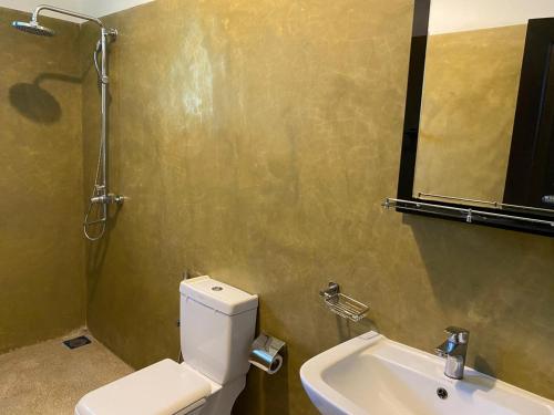 a bathroom with a toilet and a sink and a mirror at Nade Villas Ahungalla in Ahungalla