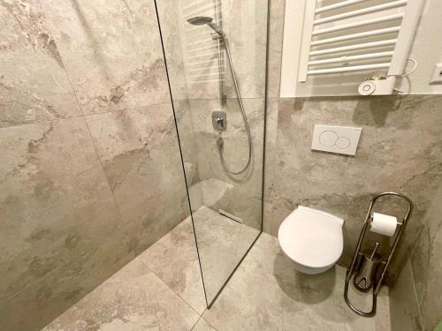 a bathroom with a glass shower with a toilet at Neu wunderschönenes weißes Apartament am Schlössle Zentrum Goldstadt in Pforzheim