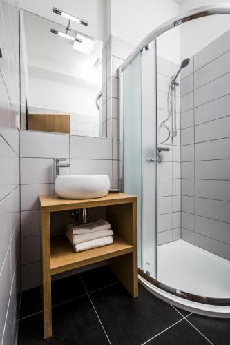 a bathroom with a sink and a shower at Kampus Palace in Ostrava