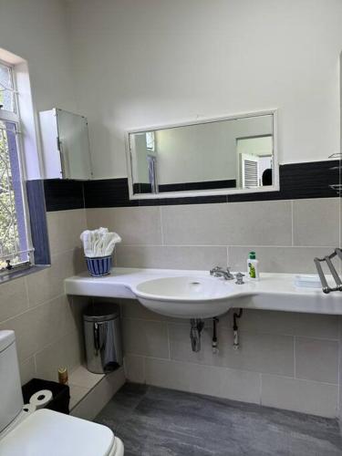 a bathroom with a sink and a toilet and a mirror at Vaal River Boathouse Bungalow in Vanderbijlpark
