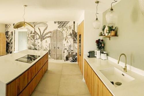 une grande cuisine avec un évier et une porte dans l'établissement Mas au Bord de L'étang, à Vic-la-Gardiole