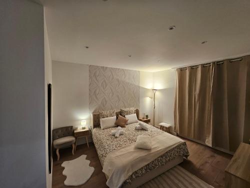 une chambre avec un lit, une table et une chaise dans l'établissement La Perle F3 Moderne et Cosy Centre ville Netflix, à Mulhouse