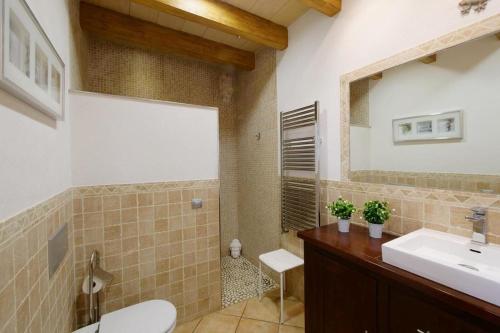 a bathroom with a sink and a toilet and a mirror at Sa Sargantana in Llucmajor