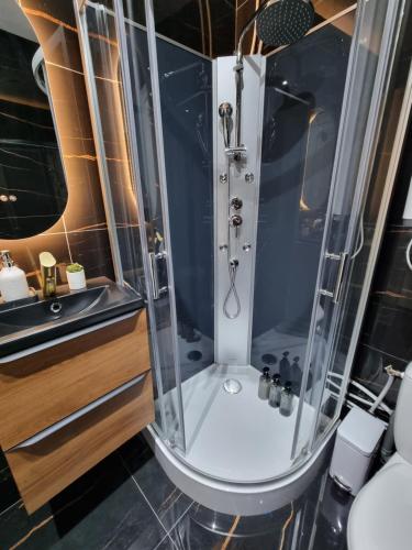 une douche avec une porte vitrée dans une salle de bain dans l'établissement La Perle F3 Moderne et Cosy Centre ville Netflix, à Mulhouse