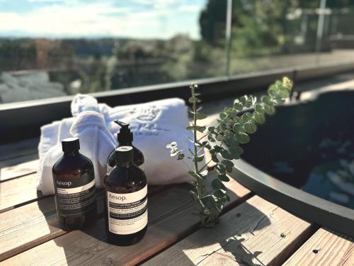 two bottles of soap and a plant on a table at La Suite lodge Domaine La Paloma in Jurançon