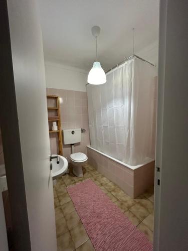 a bathroom with a toilet and a tub and a sink at Casa Moledo in Moledo