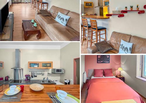 un collage de photos d'un salon et d'une cuisine dans l'établissement L'Escapade de Roubaix, à Roubaix