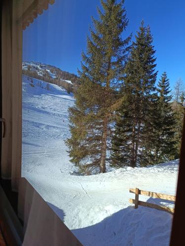 a window view of a snow covered field with trees at Apartments Nassfeldpass in Hermagor