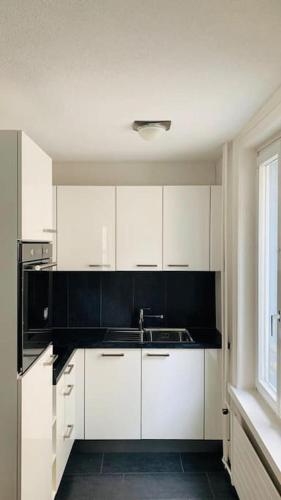 a kitchen with white cabinets and a sink and a window at Klein aber Fein in Rorschach in Rorschach