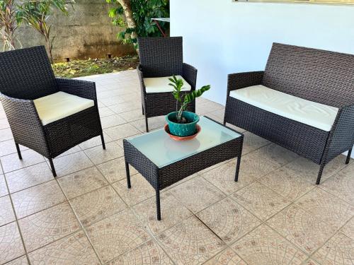 three chairs and a table with a potted plant at Fare Tiare - Maison Taha’a in Vaitoare