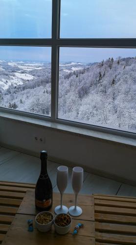 a window with two wine glasses on a table at Wellness pod zvezdami, Maribor - PRIVATE in Maribor