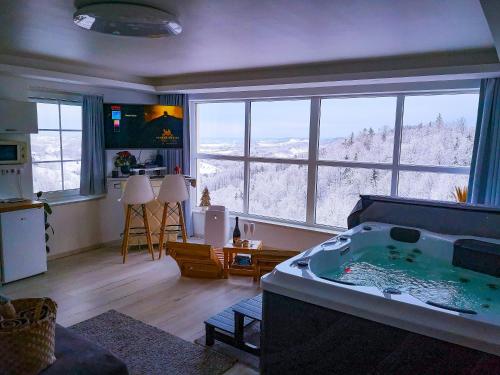 a living room with a tub in front of a window at Wellness pod zvezdami, Maribor - PRIVATE in Maribor