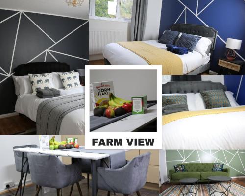a collage of pictures of a bedroom with a farm view at 3BR Luxury Stay Near Billing Aquadrome - Elegant 3-Bedrooms One-and-Half Bathrooms Home - Sleeps 8 - Free Parking and Complimentary Access to Billing Aquadrome Holiday Village in Northampton