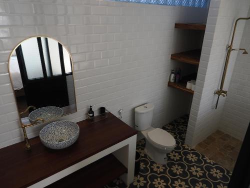 a bathroom with a sink and a toilet and a mirror at Blue Marlin Dive Boutique Hotel in Kuta Lombok