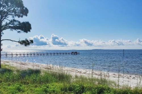 a dock in the water next to a beach at Diver Down Cottage in Carrabelle