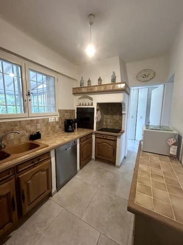 une cuisine avec un évier et une cuisinière four supérieur dans l'établissement La villa bleue Arles jardin, à Arles