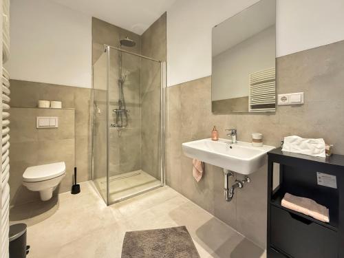 a bathroom with a shower and a sink and a toilet at Rbj Immobilien in Hannover