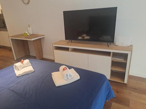 ein Wohnzimmer mit Fernseher und zwei Handtüchern in der Unterkunft Belgrano amplio luminoso, cochera, WiFi, cerca River y Subte, 309 in Buenos Aires