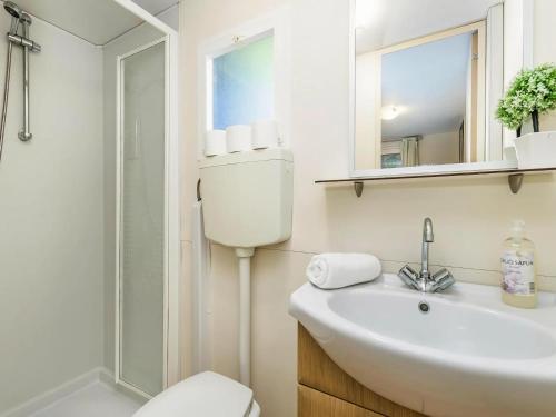 a bathroom with a sink and a toilet and a mirror at Mobile Home by Novalja Beach with Pools in Novalja
