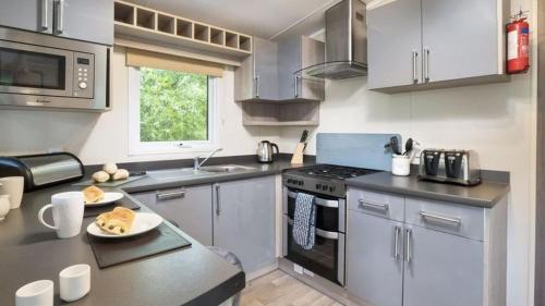a kitchen with stainless steel appliances and a counter top at Newby Bridge Country Caravan Park in Newby Bridge