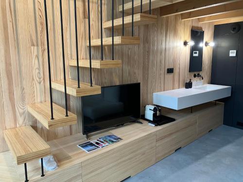 a bathroom with a sink and a tv and a sink at Ecolodge 'Calme et Nature' avec Piscine au Golf-Lac de Biscarrosse - Couchage 2 personnes in Biscarrosse