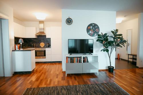 un soggiorno con TV a schermo piatto e una cucina di Danube Island Apartment 12 a Vienna