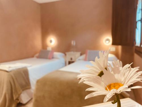 a room with two beds and a flower in a vase at CASA DEL AGUA - La Rioja in Santa Coloma
