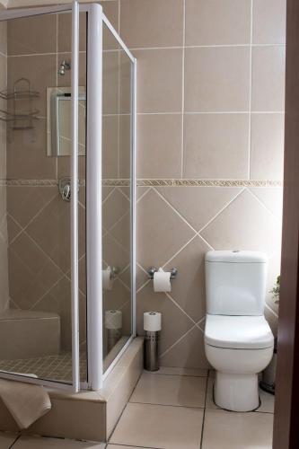 a bathroom with a toilet and a shower at Gemstone Guest House in Klerksdorp