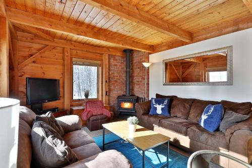 a living room with a couch and a tv at The Killington Cabin - Left Unit of Duplex Home - Great for families in Killington