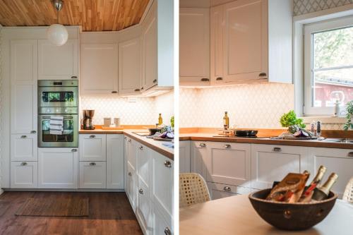 two pictures of a kitchen with white cabinets at Guestly Homes - Charming 3BR House, 2 Full Baths Near City in Piteå