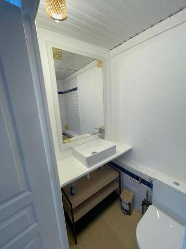 une salle de bain avec un lavabo et un miroir dans l'établissement Pool & Chill, à Pierrefitte-sur-Seine