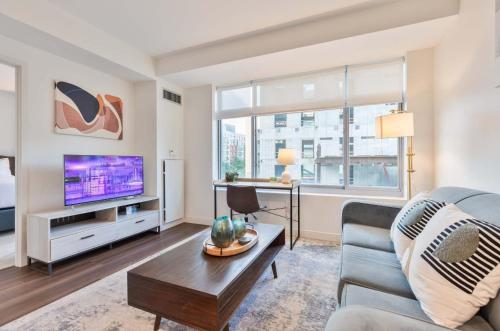 a living room with a couch and a tv at Luxury Apt Near Kendall Square in Cambridge