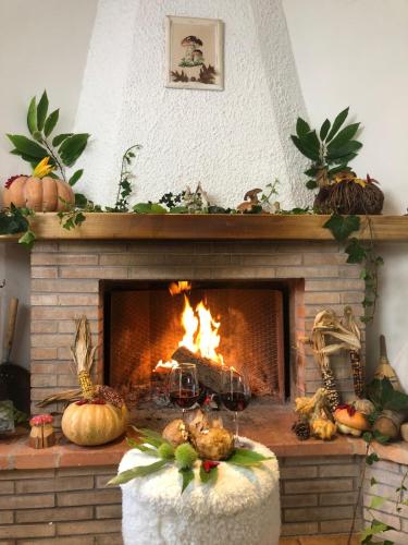 a fireplace with pumpkins and a fire in it at Il Bosco Guest House Subiaco in Subiaco