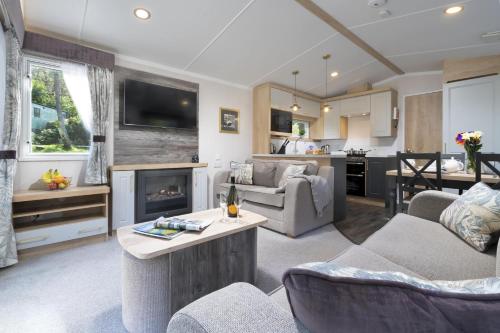 a living room with a couch and a fireplace at Newby Bridge Country Caravan Park in Newby Bridge