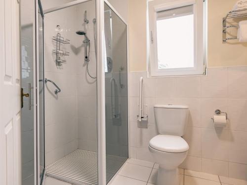 a bathroom with a toilet and a glass shower at Large 5 bedroom home to sleep 10 people with wonderful sea views in Kenmare