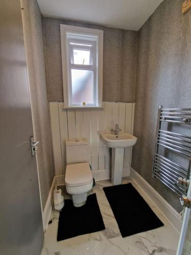 a bathroom with a toilet and a sink and a window at Levy Nook 10 in Darlington