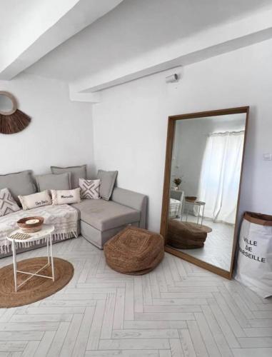 un salon avec un canapé et un miroir dans l'établissement Petit nid douillet vieux port 4 personnes, à Marseille