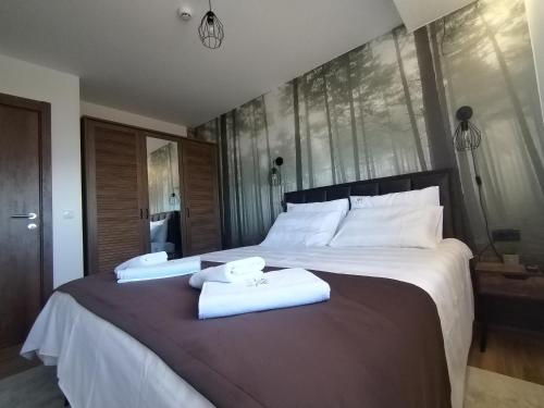 科帕奥尼克Apartman TRAMONTO Kopaonik的卧室里有一张大床，床上铺着毛巾。