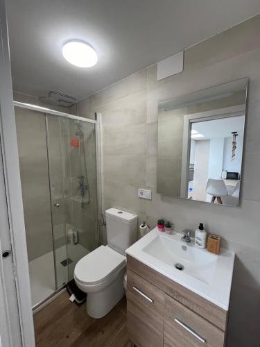 Un baño con inodoro, lavabo y ducha. en Casita Sol y Mar, en Alicante