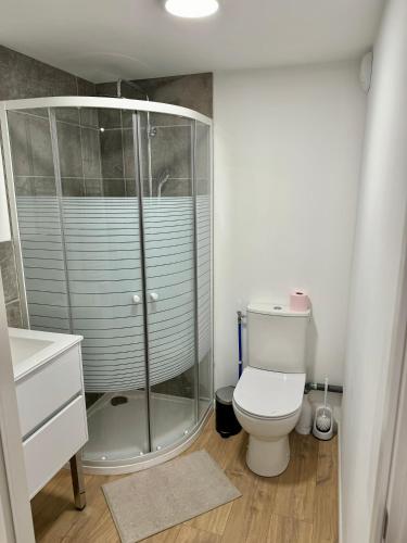a bathroom with a glass shower and a toilet at Rez-de-jardin équipé in Verneuil-en-Halatte