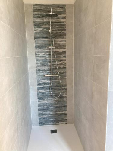a shower in a bathroom with a wooden wall at Gîte Domaine du Berret 8 pers in Bully